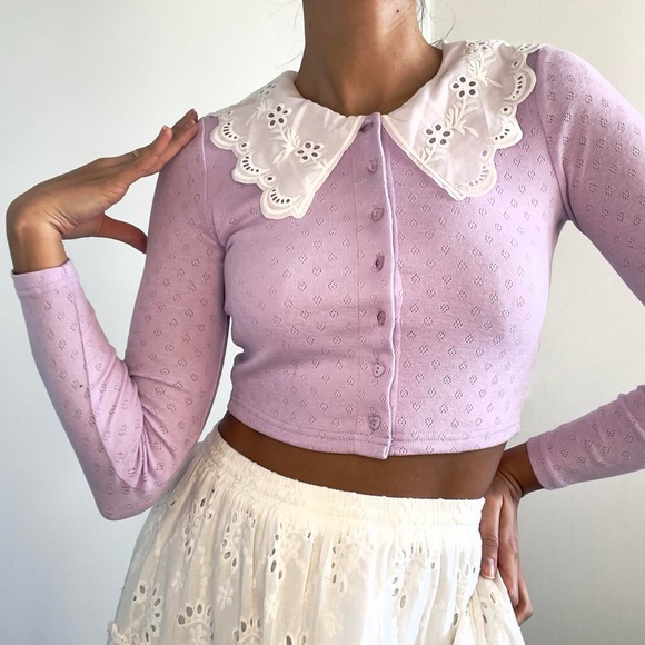 Sugar Thrillz | Lilac purple cardigan top with white eyelet lace collar | Size S - Picture 1 of 7